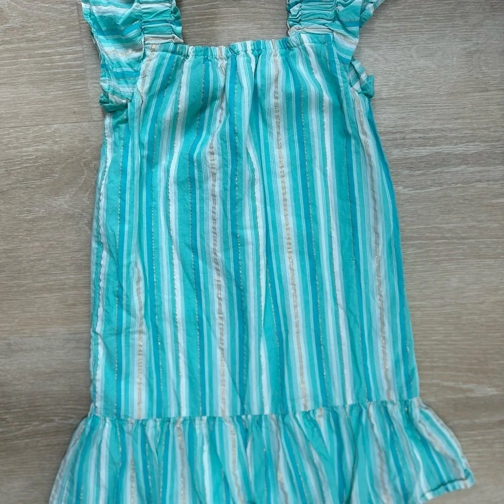 Girls Baby Gap Striped Ruffle Sleeve Tank Dress Size 5 Toddler Teal and gold